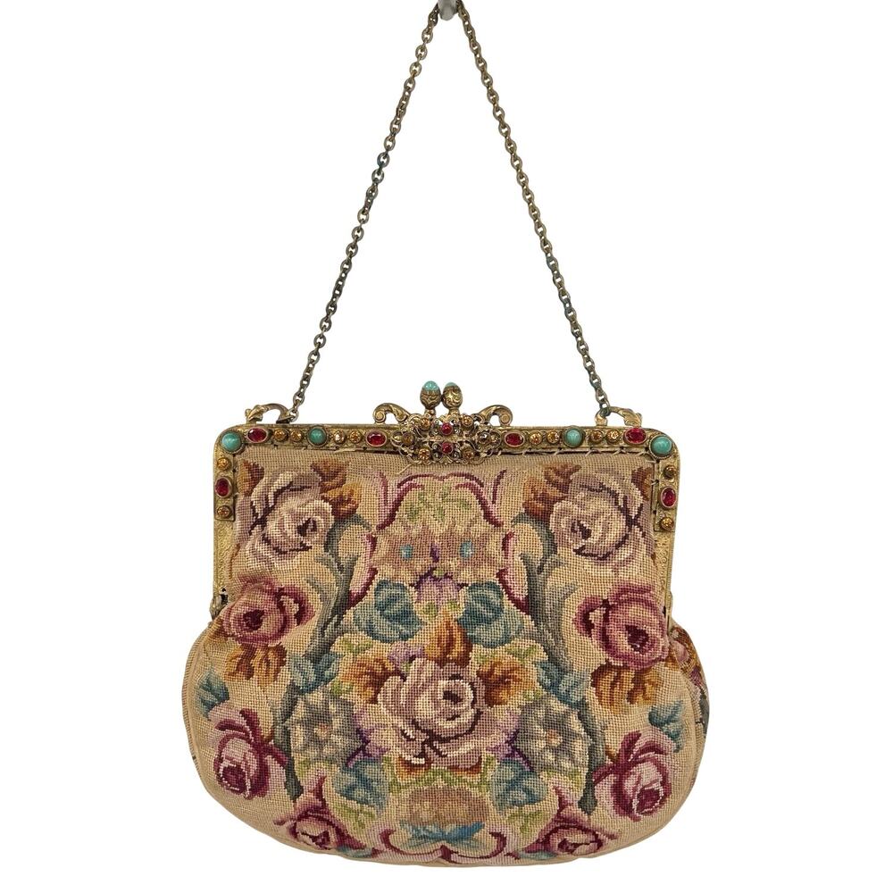 vintage petit point purse intricate floral tapestry and brass frame clutch - Picture 12 of 12